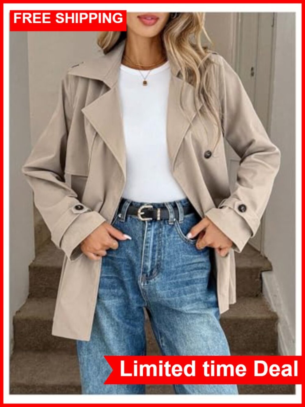 Women's Double Breasted Trench Coat Button Down Business Work Outerwear - Picture 2 of 4